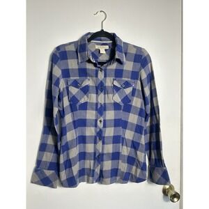 Natural Reflections Woman's Blue Grey Buffalo Plaid Flannel Shirt 100% Outdoors